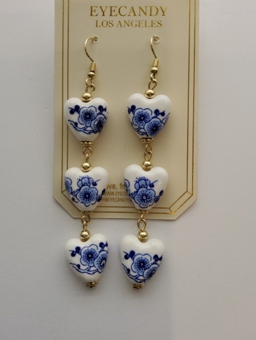 Eye Candy Blue and White Floral Heart Drop Earrings